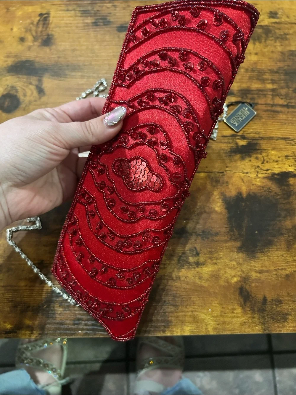 Bijoux Terner Red Beaded Evening Clutch with Chain